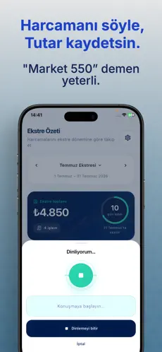 Tutar sesli harcama giriş ekranı: Market 550 demen yeterli